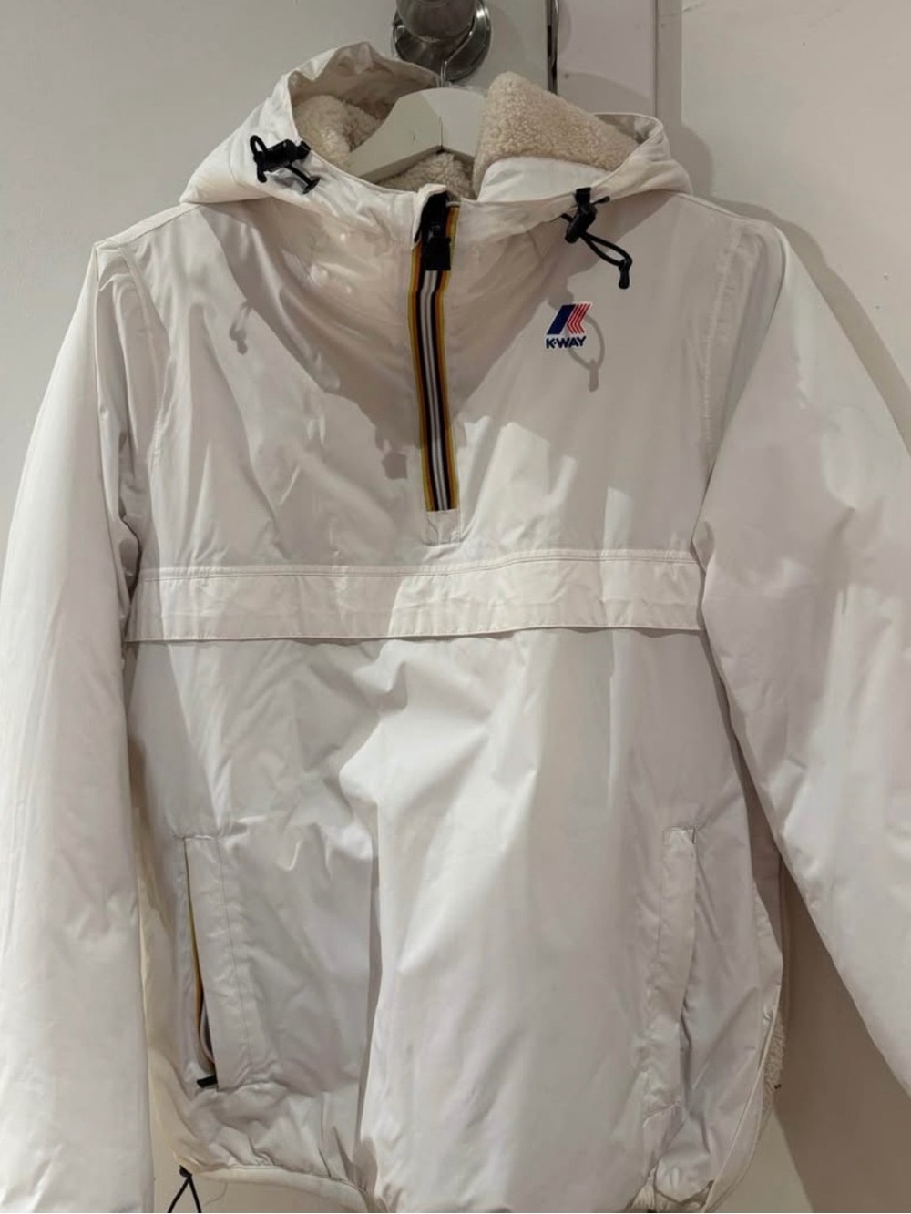 K-Way White Hooded Puffer Anorak with Sherpa Lining